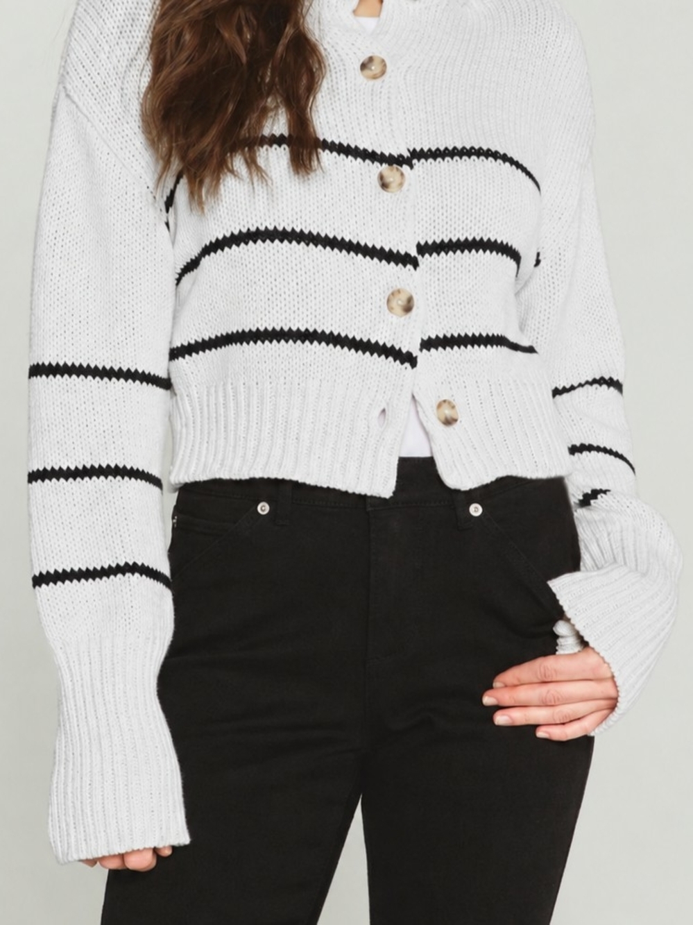 Magaschoni White and Black Striped Cropped Button Cardigan
